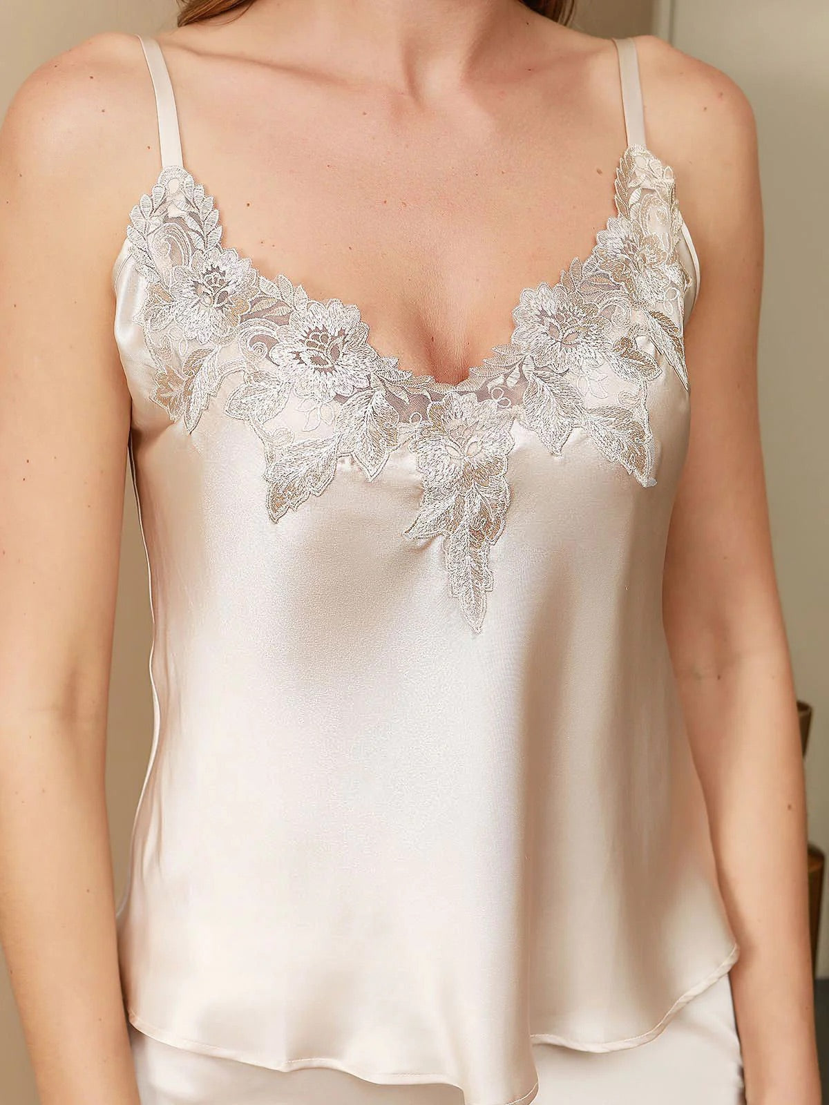 Beige Lace Flower Trim Pure Silk Camisole Set