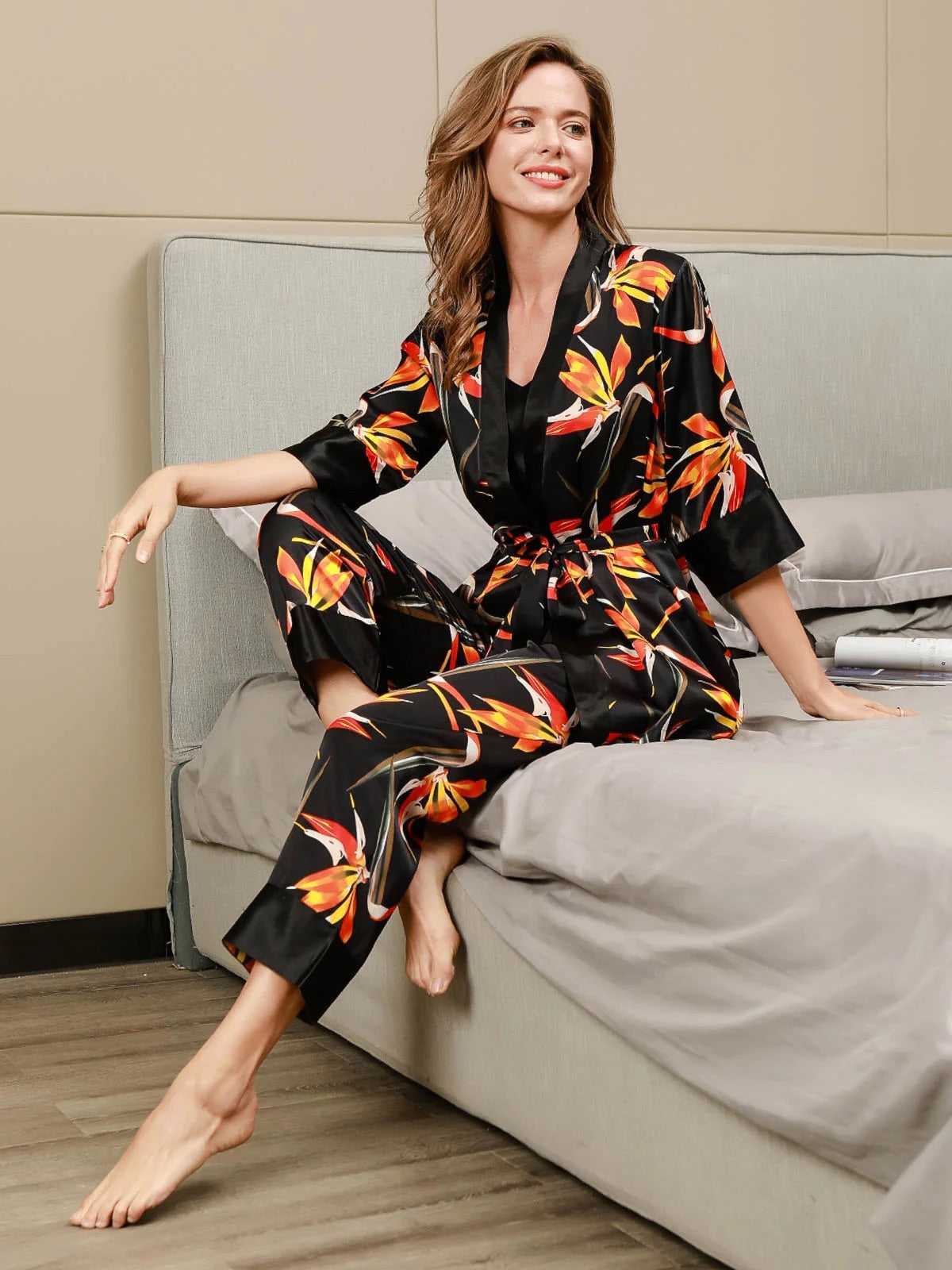 Black 3Pcs Floral Printed Pure Silk Pajamas Set