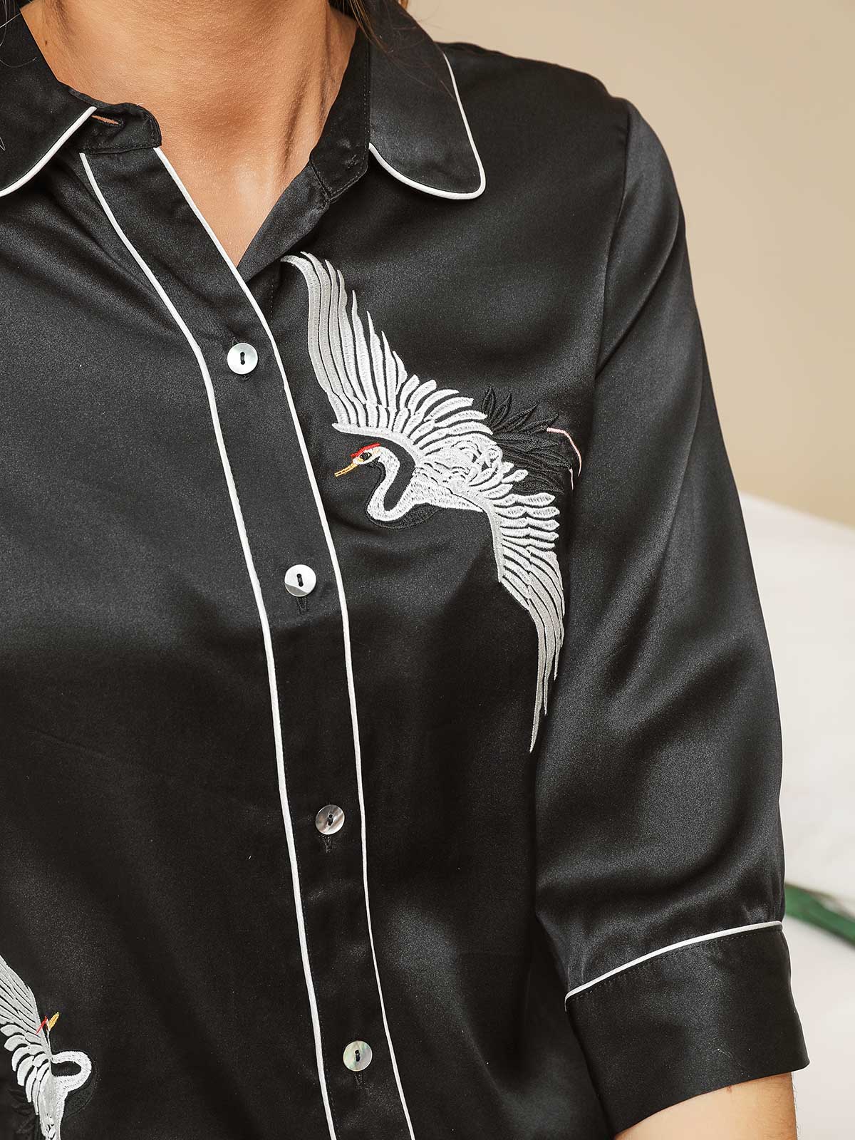 Black Embroidered Crane Pure Silk Pajamas Set