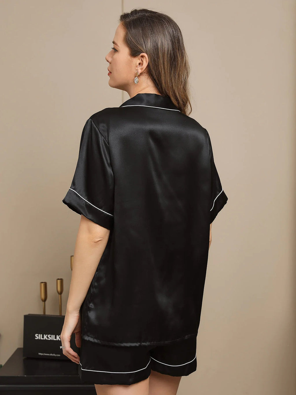 Black Pure Silk 2Pcs Shorts Set