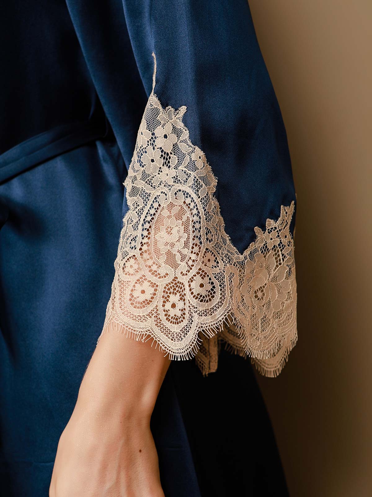 Dark Blue Pure Silk Lace Nightgown & Robe Set 2Pcs