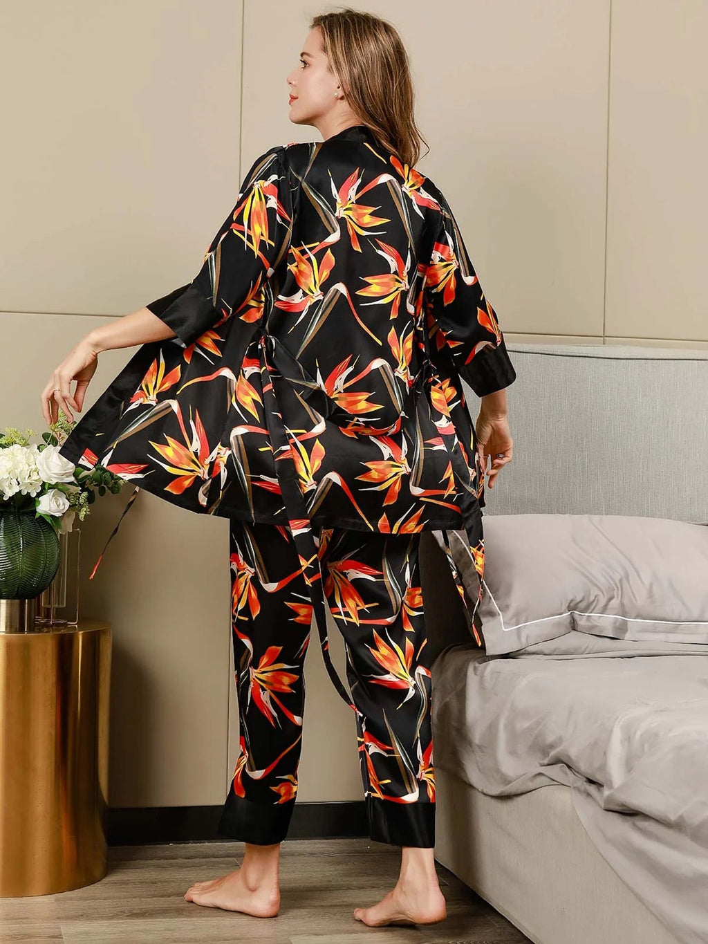 Black 3Pcs Floral Printed Pure Silk Pajamas Set