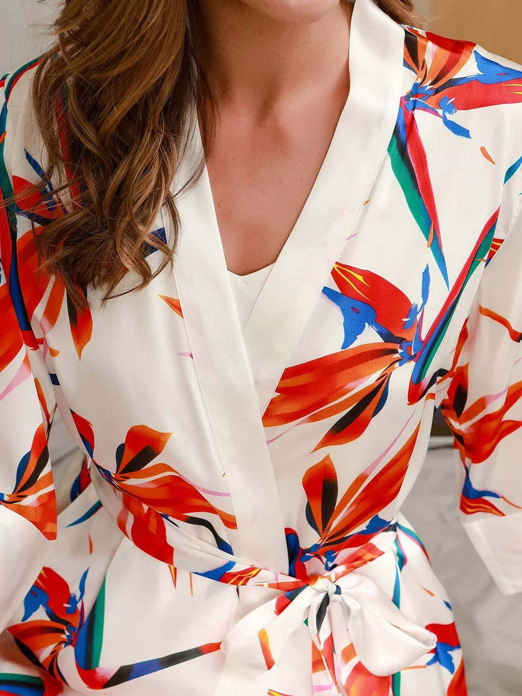 White 3Pcs Floral Printed Pure Silk Pajamas Set