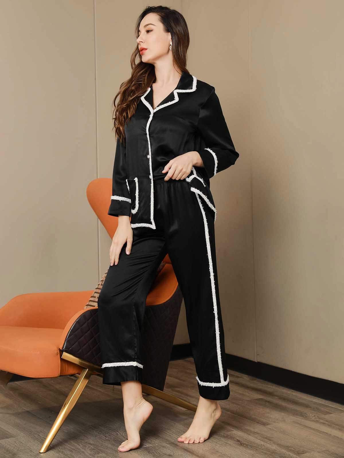 Elegant Black Pure Silk Pajama Set