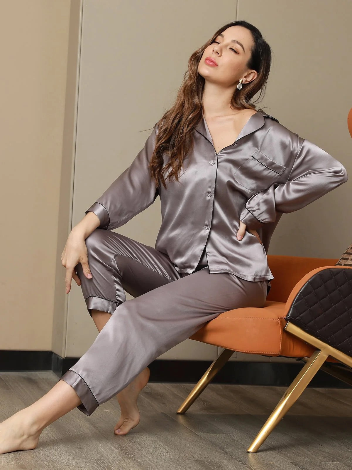 Gray Pure Silk Pajama Set