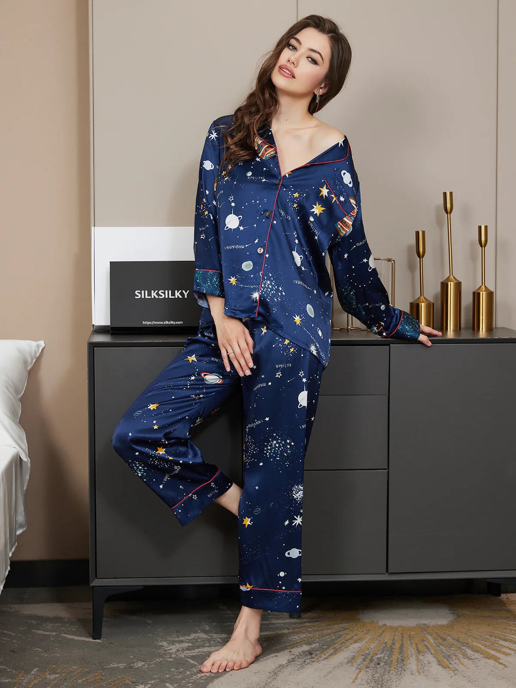 Dark Blue Galaxy Pattern Pure Silk Printed Pajama Set