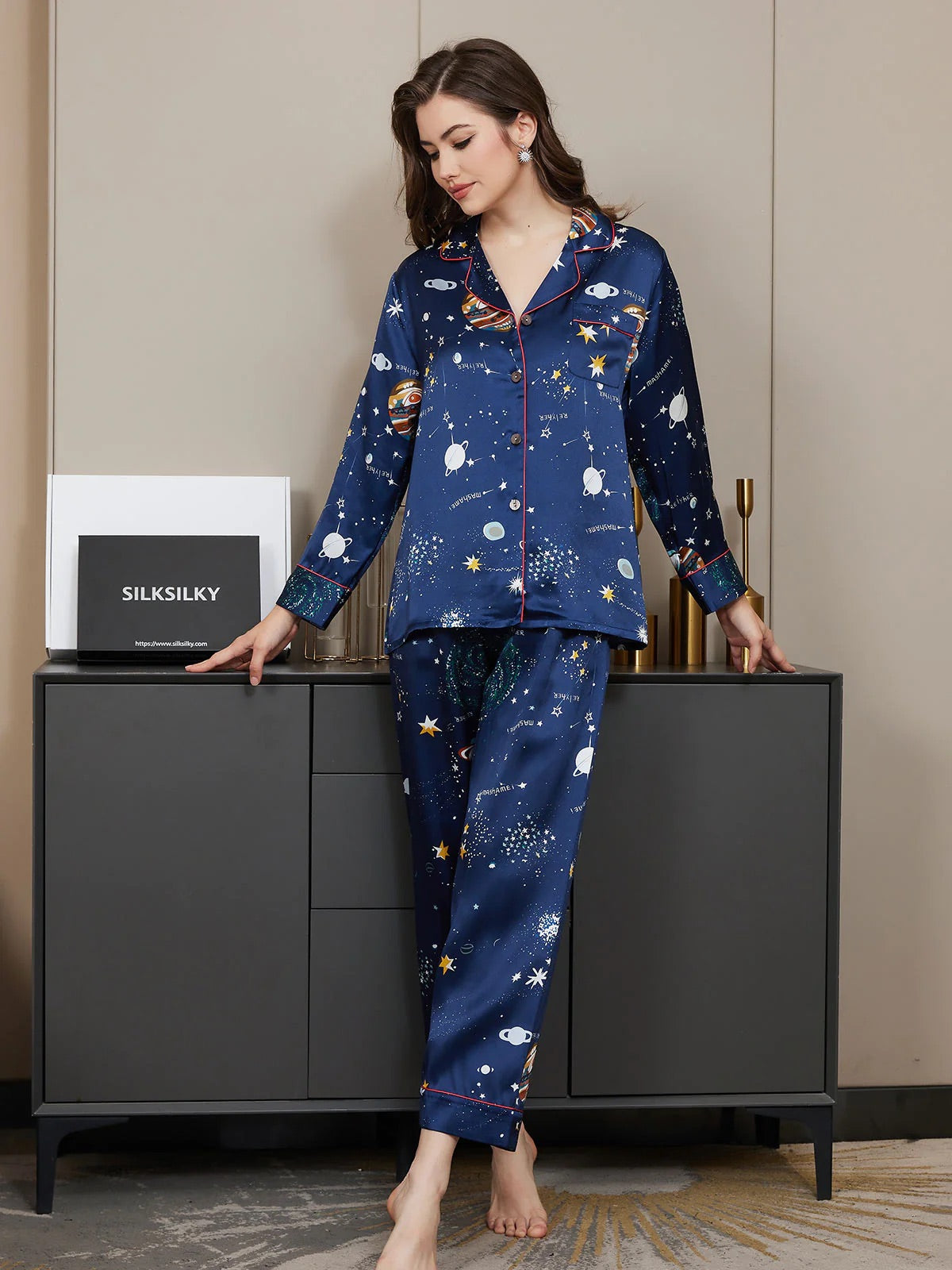 Dark Blue Galaxy Pattern Pure Silk Printed Pajama Set
