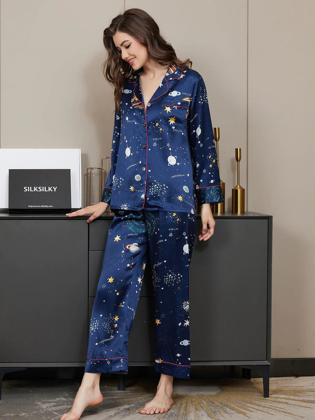 Dark Blue Galaxy Pattern Pure Silk Printed Pajama Set