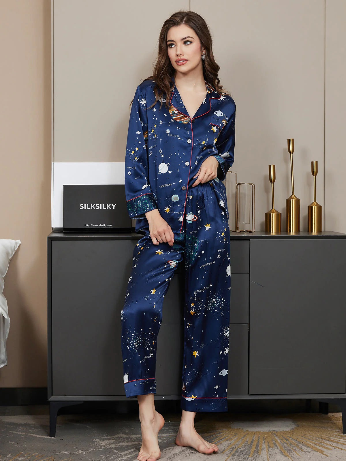 Dark Blue Galaxy Pattern Pure Silk Printed Pajama Set