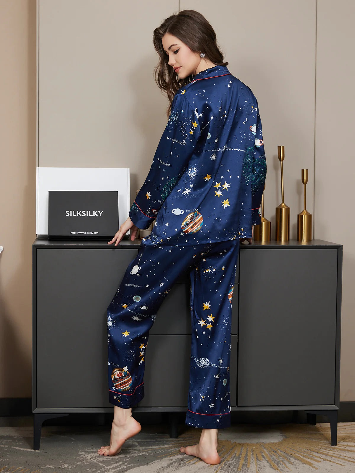 Dark Blue Galaxy Pattern Pure Silk Printed Pajama Set