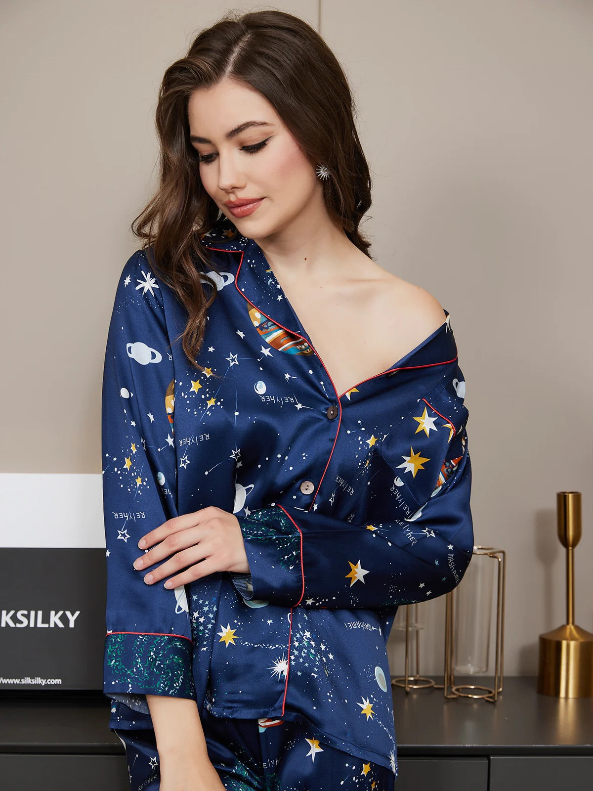 Dark Blue Galaxy Pattern Pure Silk Printed Pajama Set