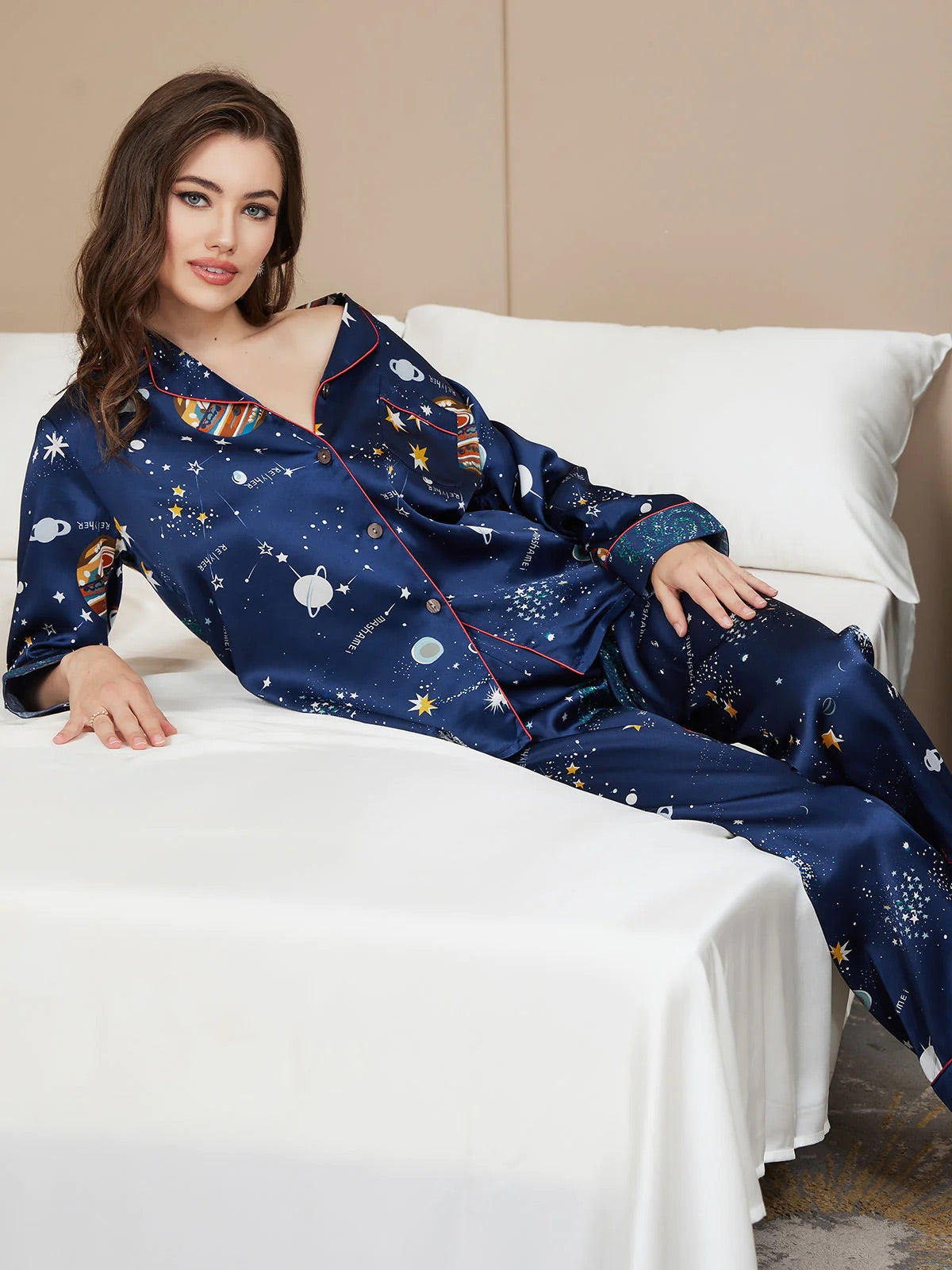 Dark Blue Galaxy Pattern Pure Silk Printed Pajama Set
