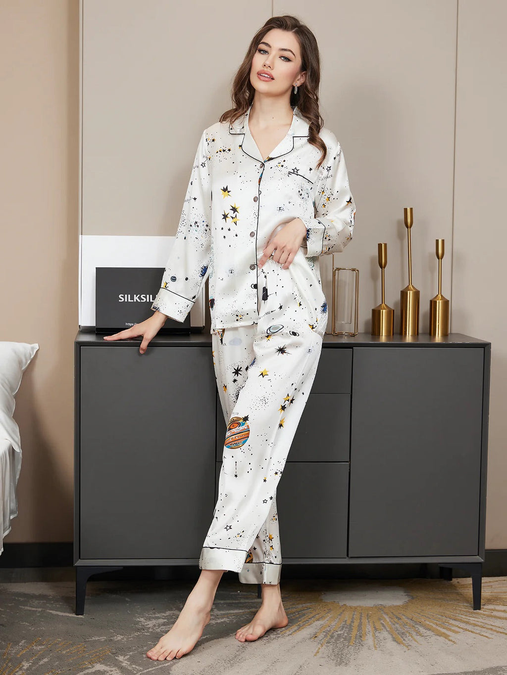 White Galaxy Pattern Pure Silk Printed Pajama Set