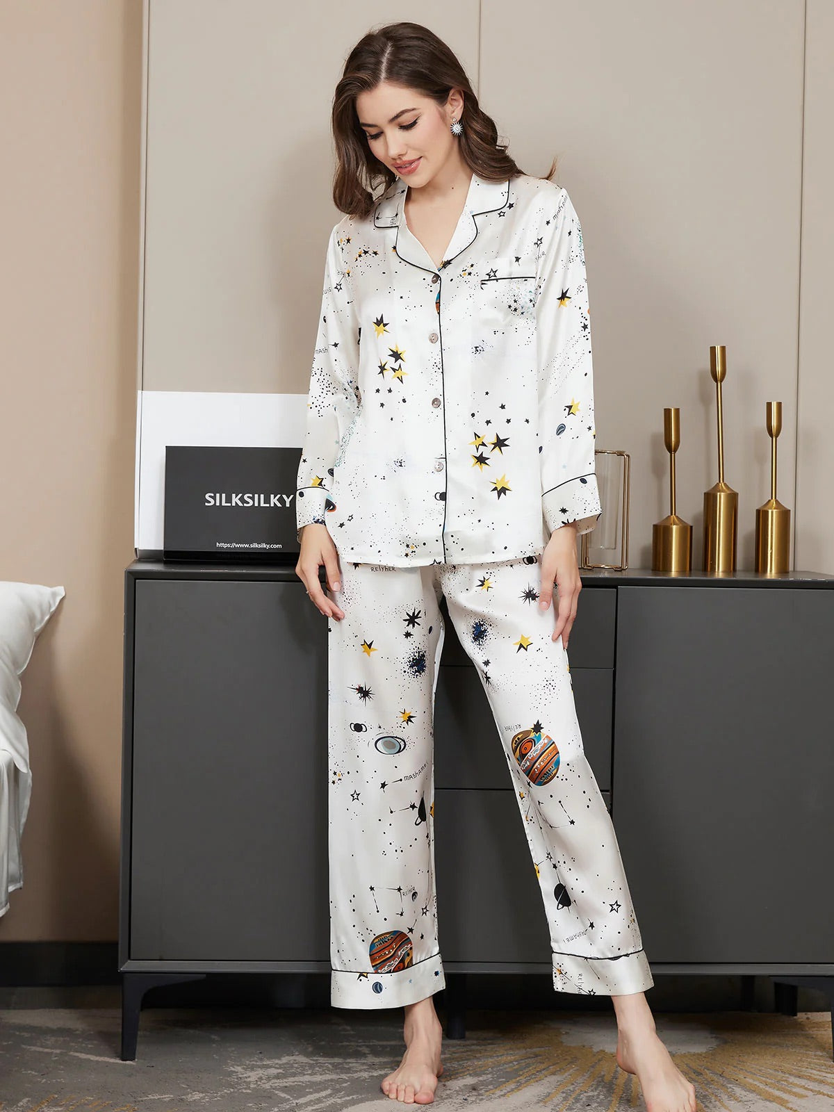 White Galaxy Pattern Pure Silk Printed Pajama Set