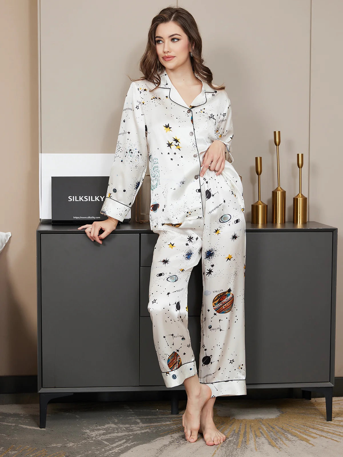 White Galaxy Pattern Pure Silk Printed Pajama Set