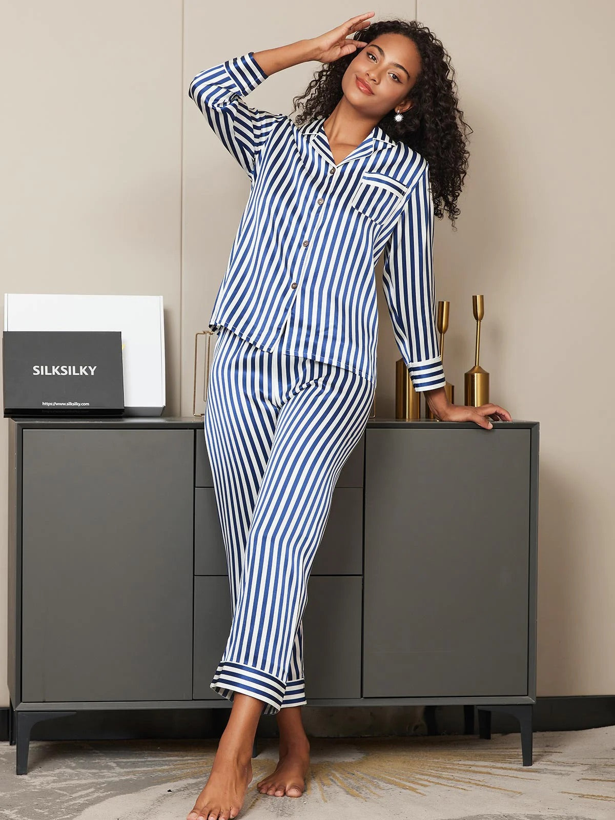Blue & White Stripes Pattern Pure Silk Printed Pajama Set
