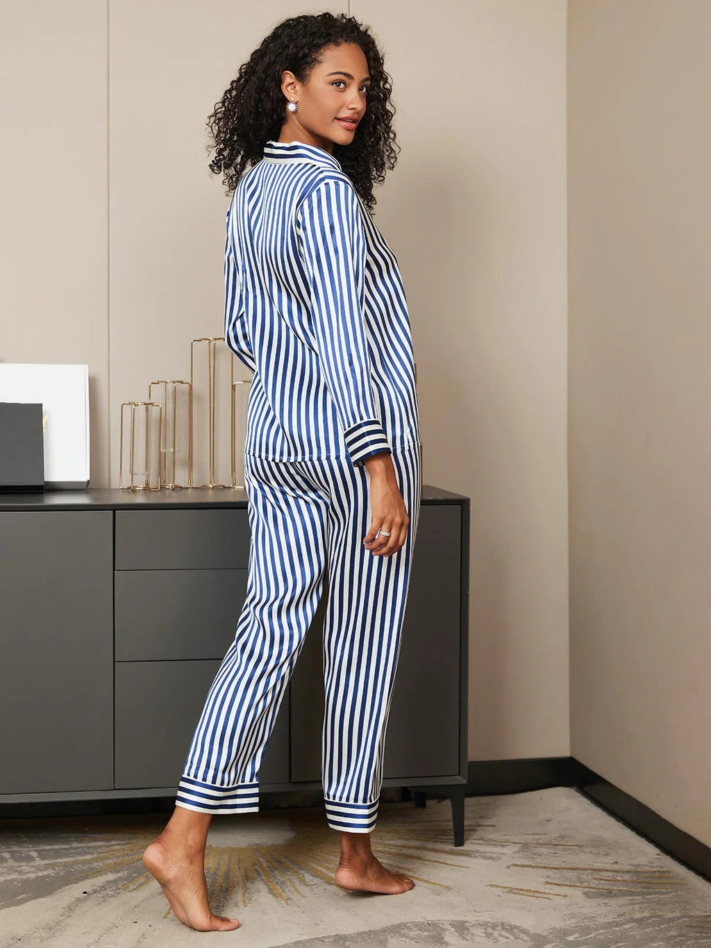 Blue & White Stripes Pattern Pure Silk Printed Pajama Set