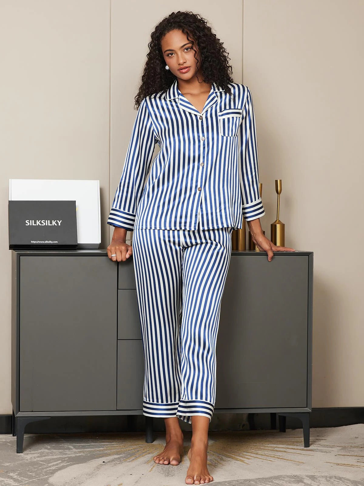 Blue & White Stripes Pattern Pure Silk Printed Pajama Set