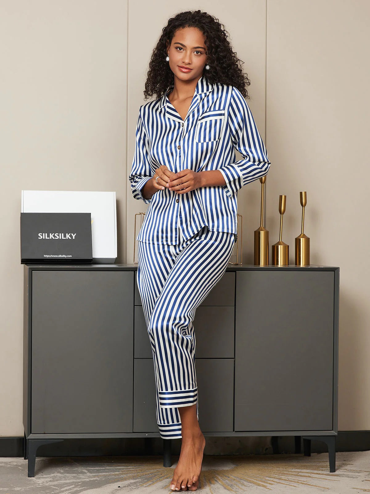 Blue & White Stripes Pattern Pure Silk Printed Pajama Set