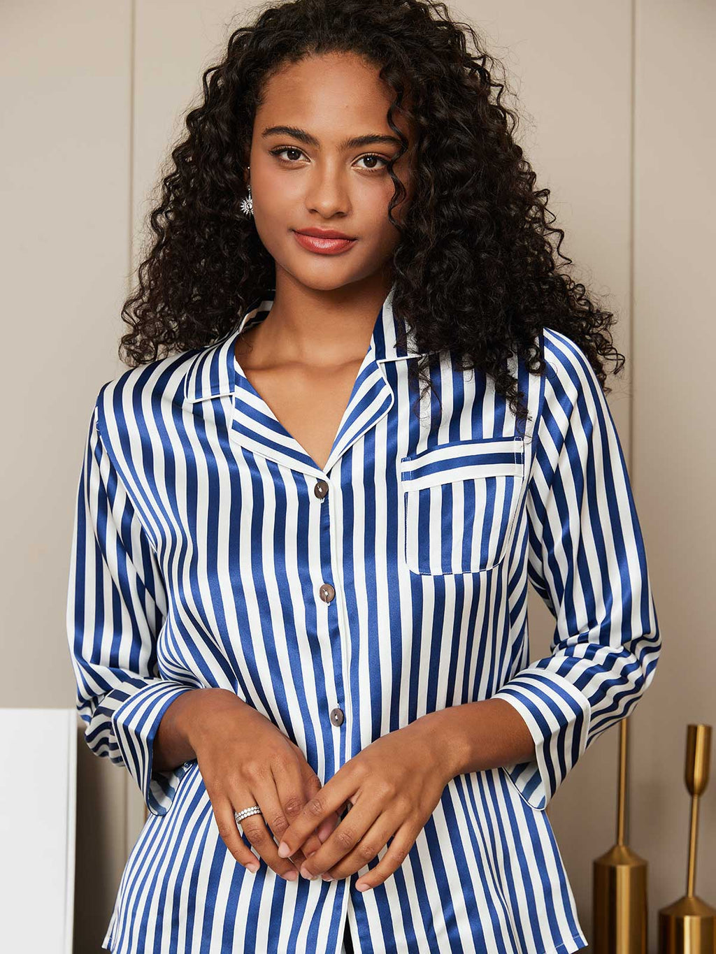 Blue & White Stripes Pattern Pure Silk Printed Pajama Set