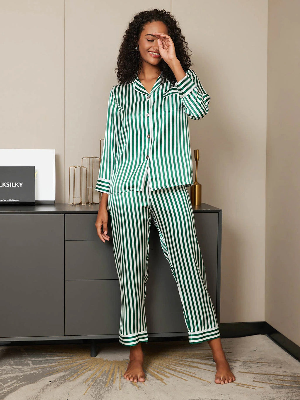 Green & White Stripes Pattern Pure Silk Printed Pajama Set