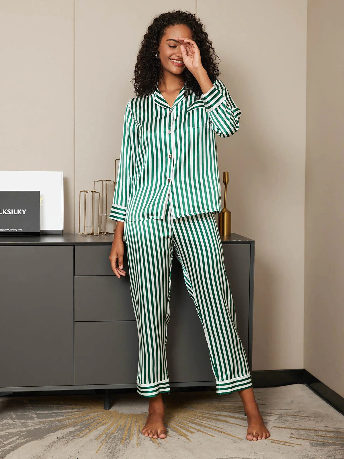 Green & White Stripes Pattern Pure Silk Printed Pajama Set