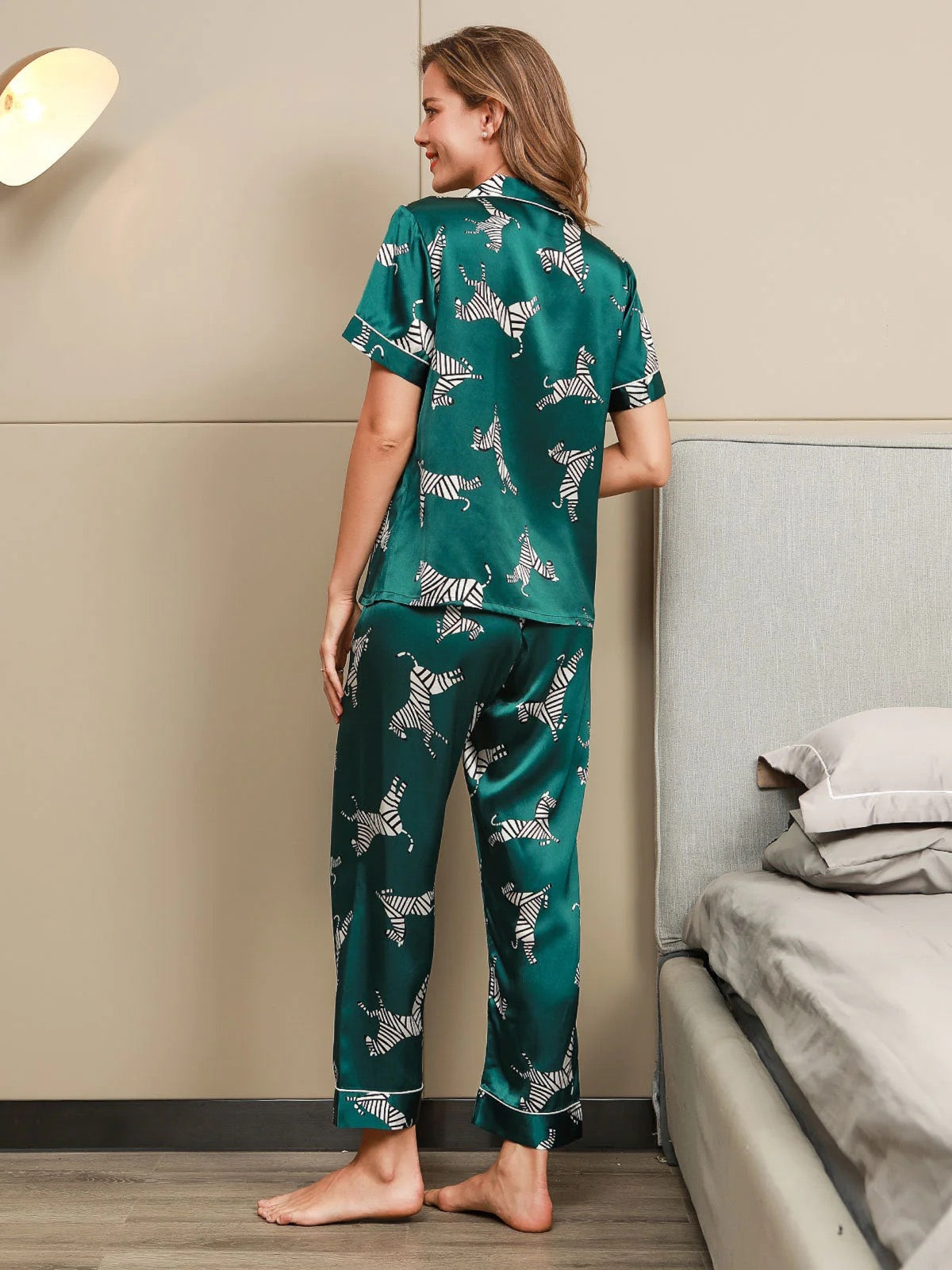 Green Zebra Printed Pure Silk Pajamas Set