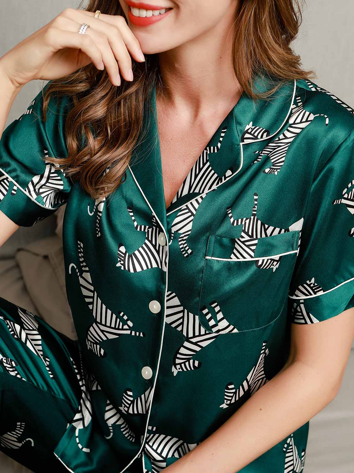 Green Zebra Printed Pure Silk Pajamas Set