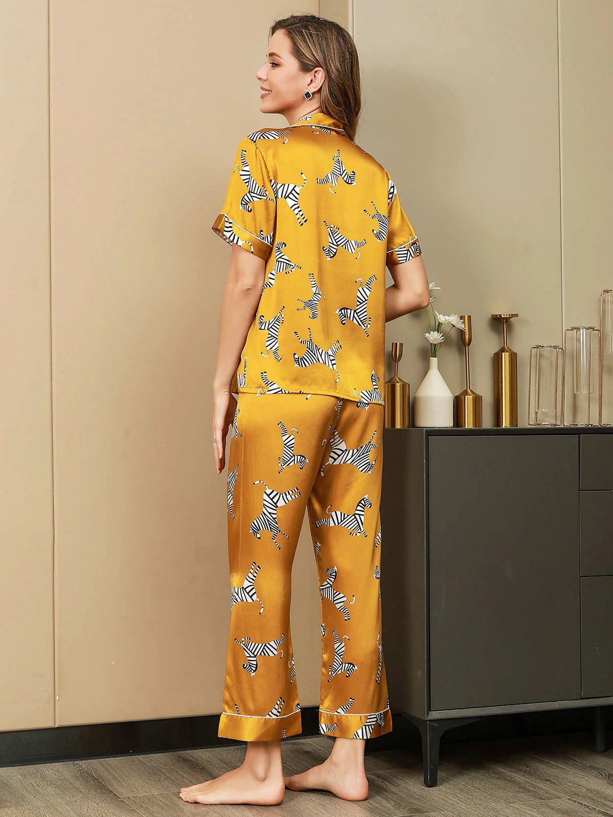 Yellow Zebra Printed Pure Silk Pajamas Set