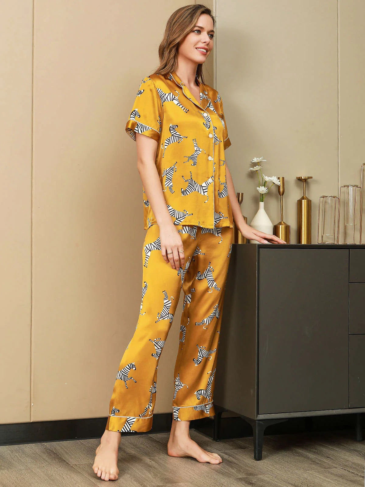 Yellow Zebra Printed Pure Silk Pajamas Set