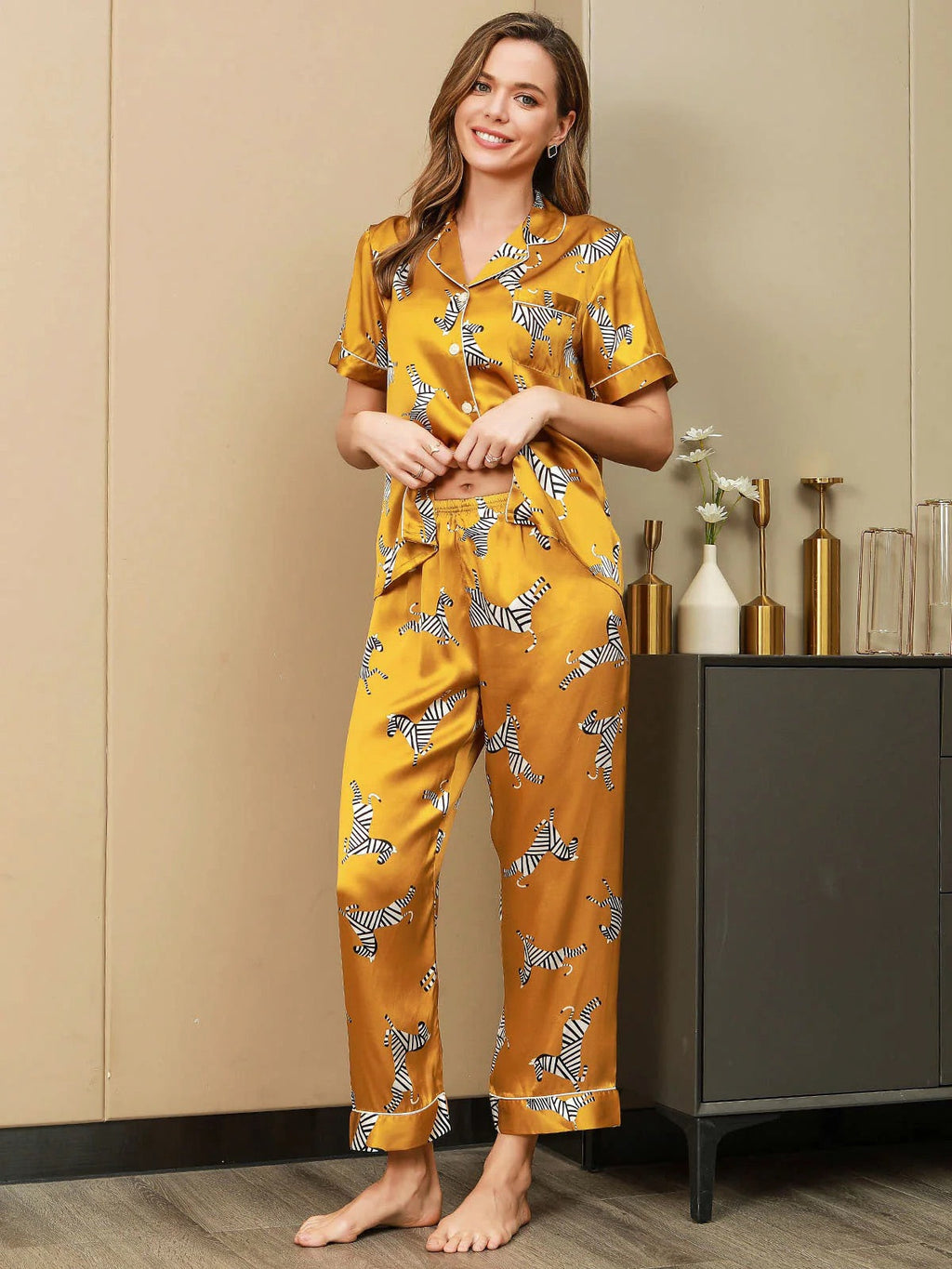 Yellow Zebra Printed Pure Silk Pajamas Set