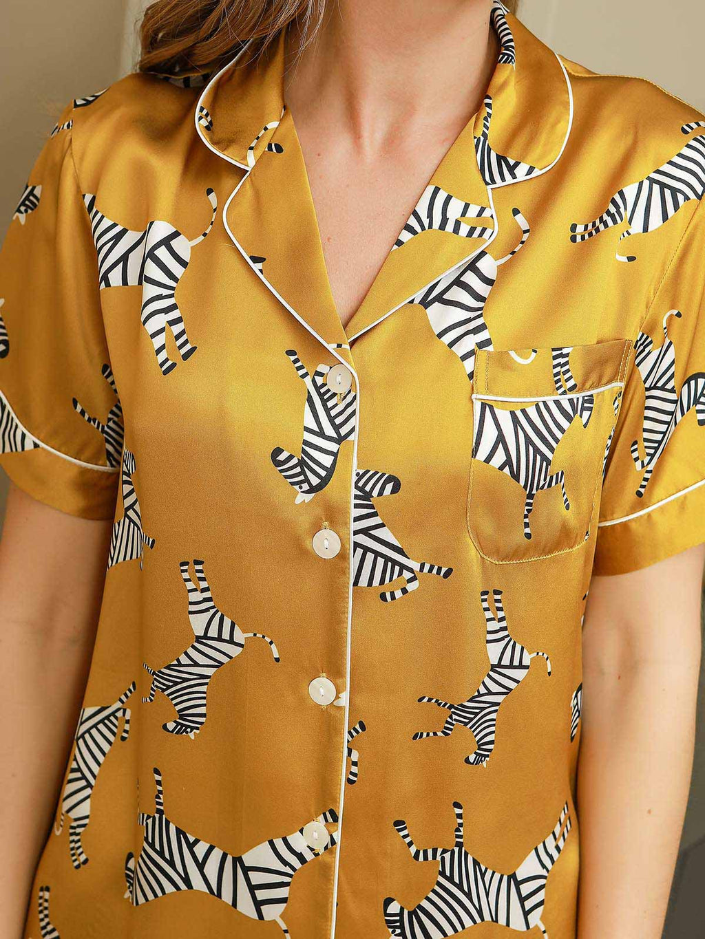 Yellow Zebra Printed Pure Silk Pajamas Set