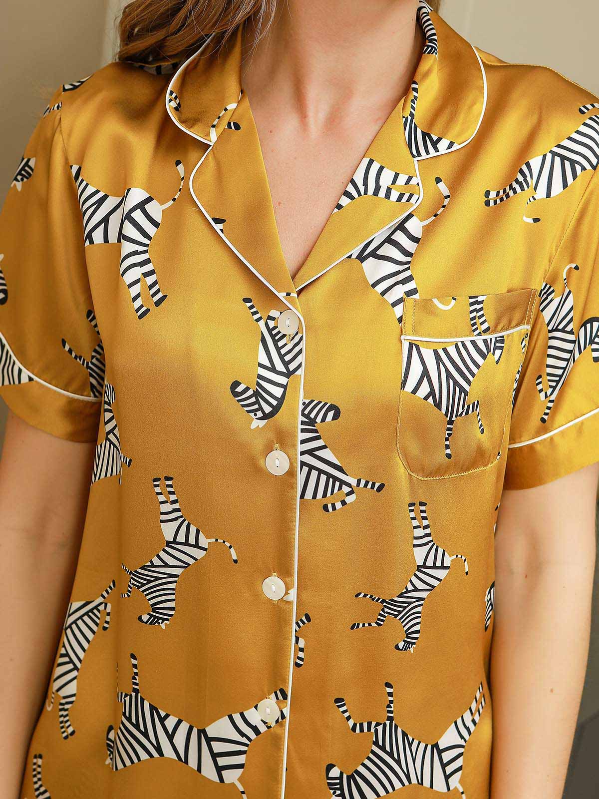 Yellow Zebra Printed Pure Silk Pajamas Set
