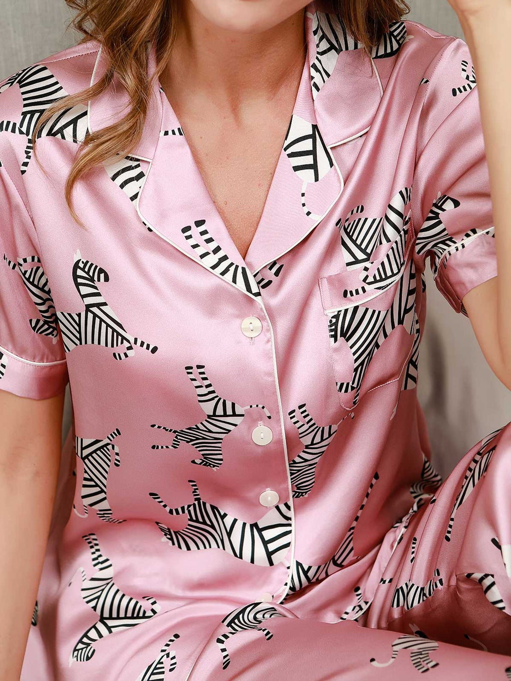 Pink Zebra Printed Pure Silk Pajamas Set