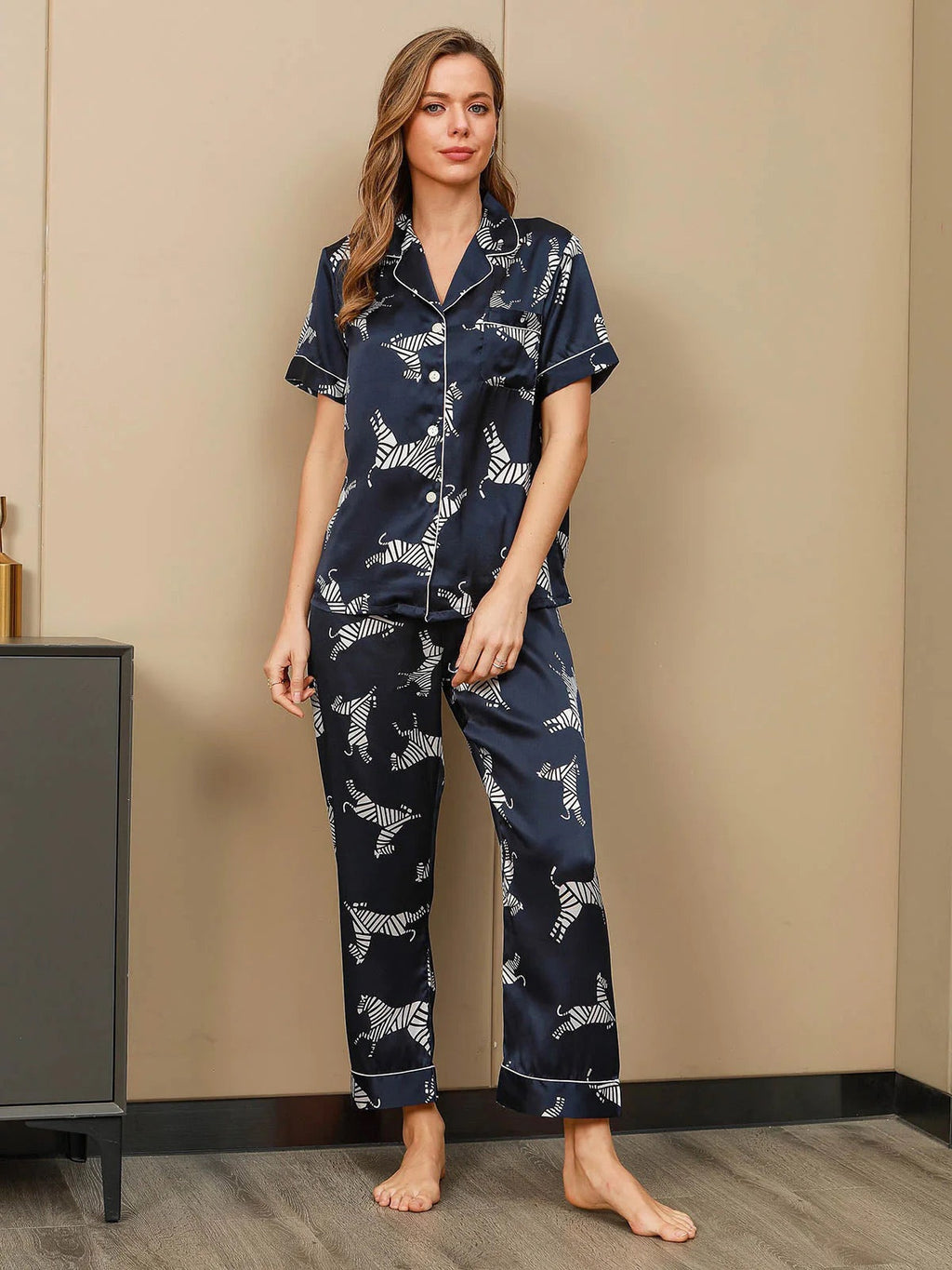 Dark Blue Zebra Printed Pure Silk Pajamas Set