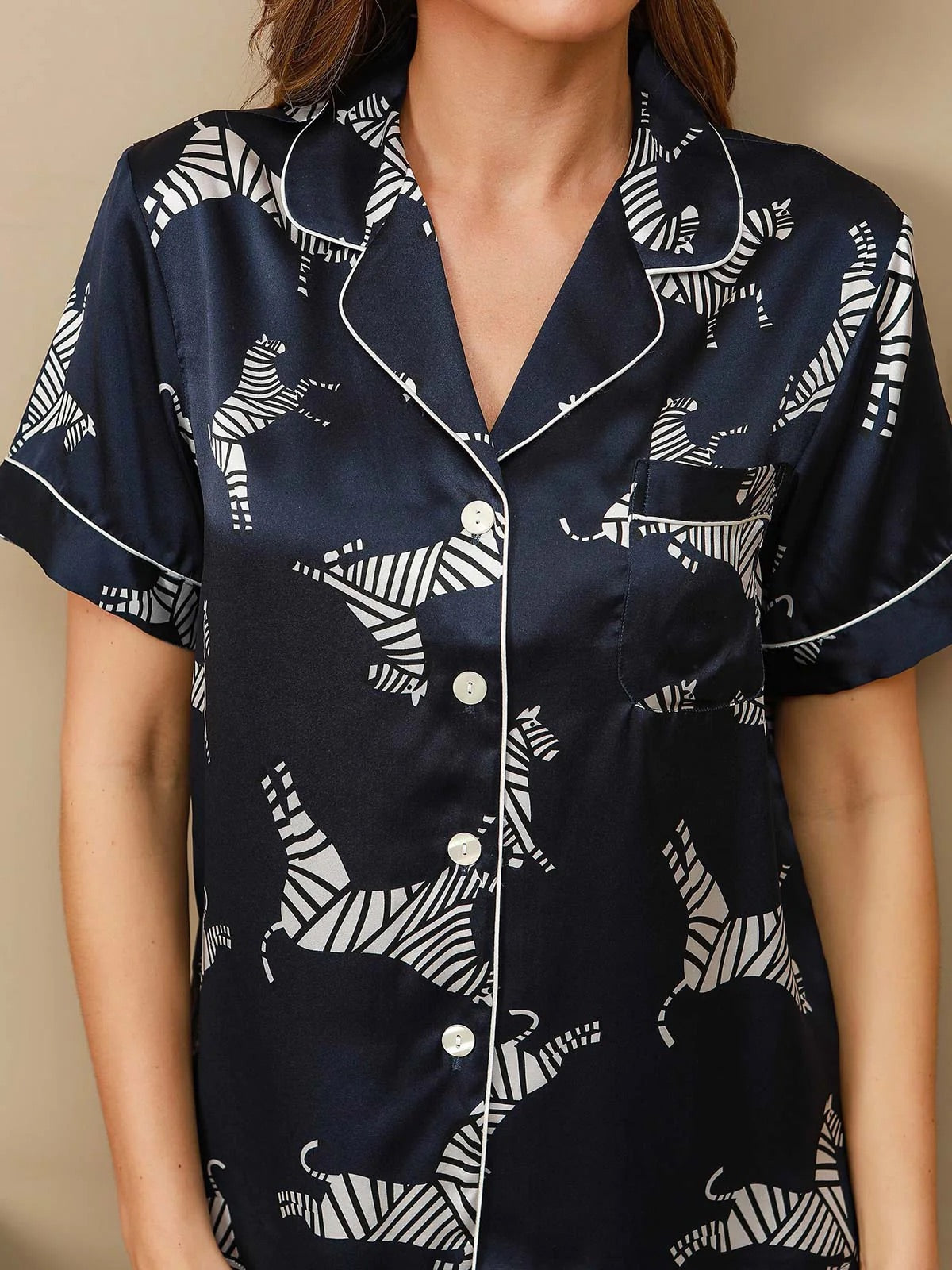 Dark Blue Zebra Printed Pure Silk Pajamas Set