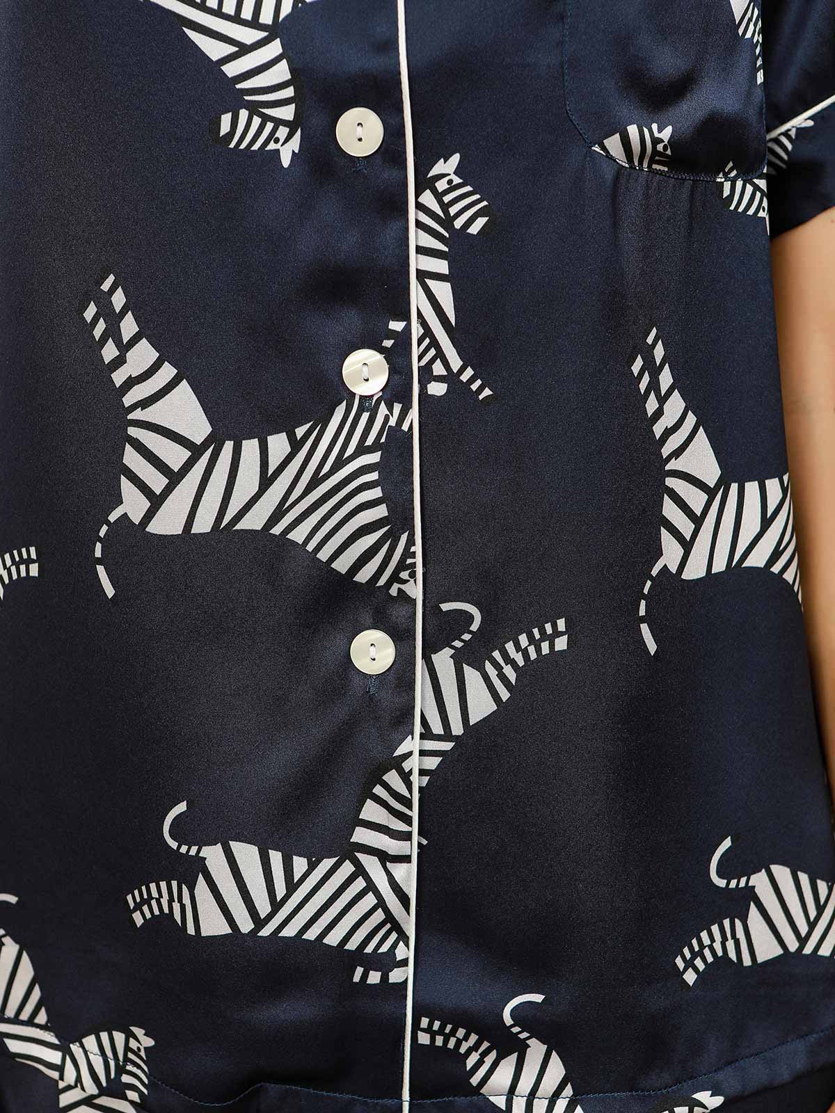 Dark Blue Zebra Printed Pure Silk Pajamas Set