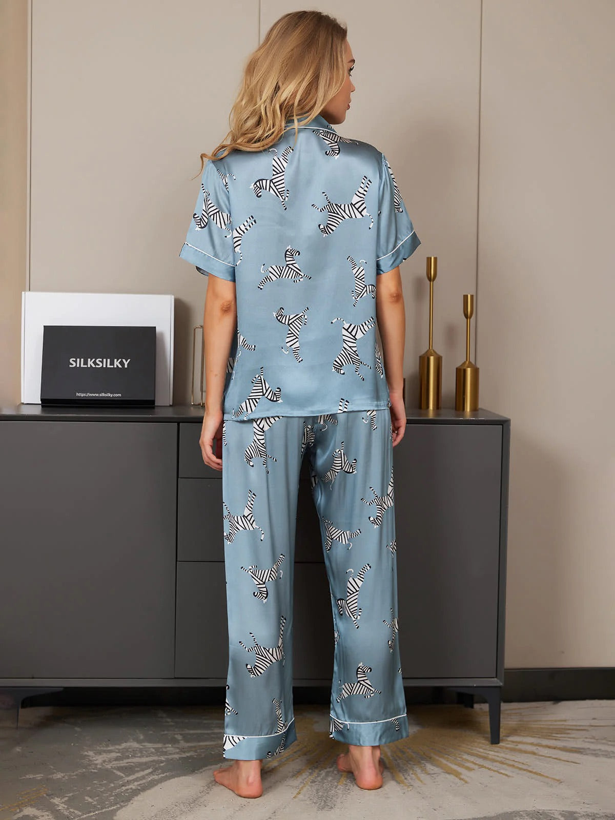 Steel Blue Zebra Printed Pure Silk Pajamas Set