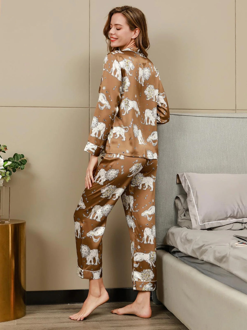 Brown Lion Printed Pure Silk Pajamas Set