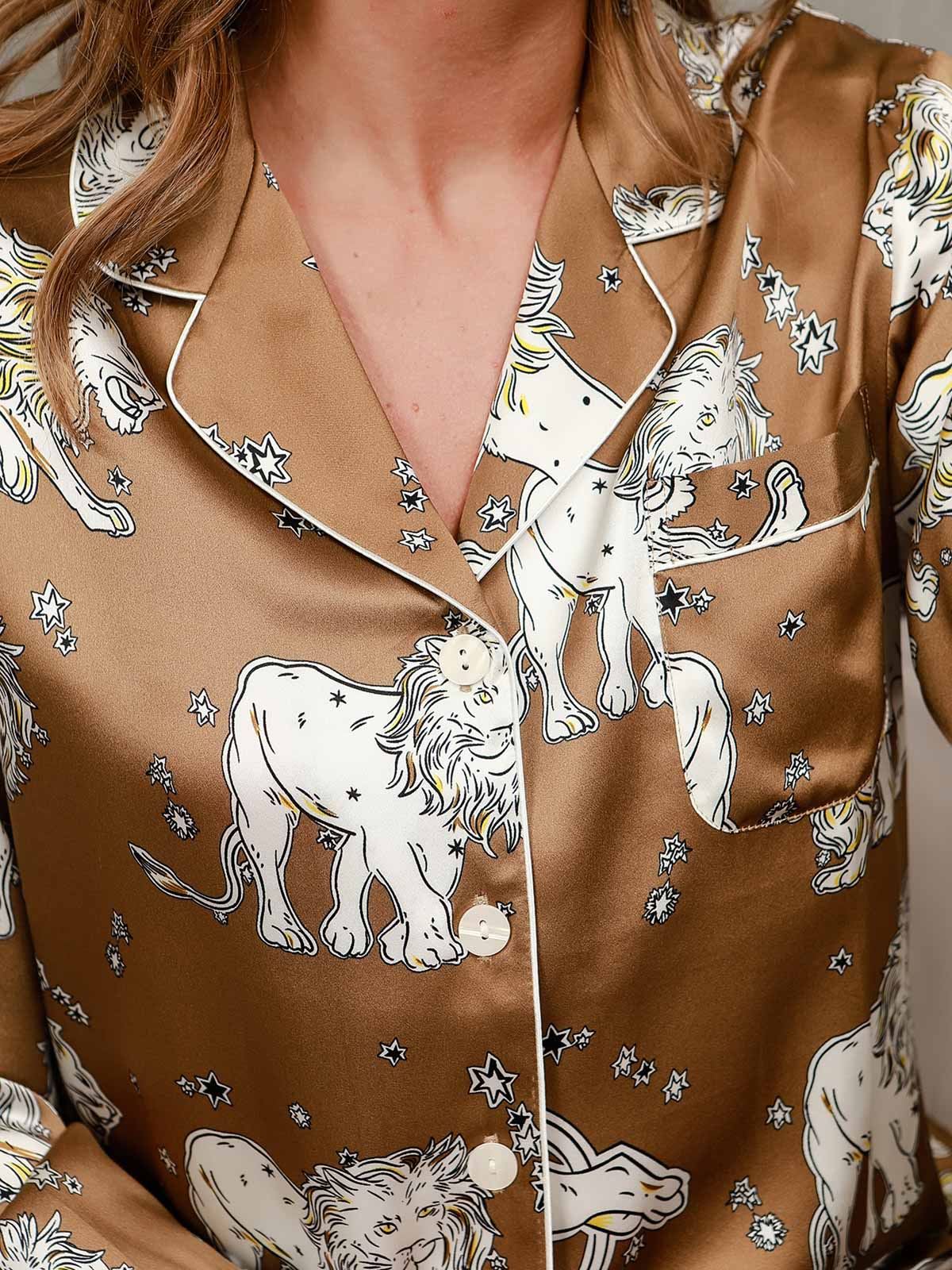 Brown Lion Printed Pure Silk Pajamas Set