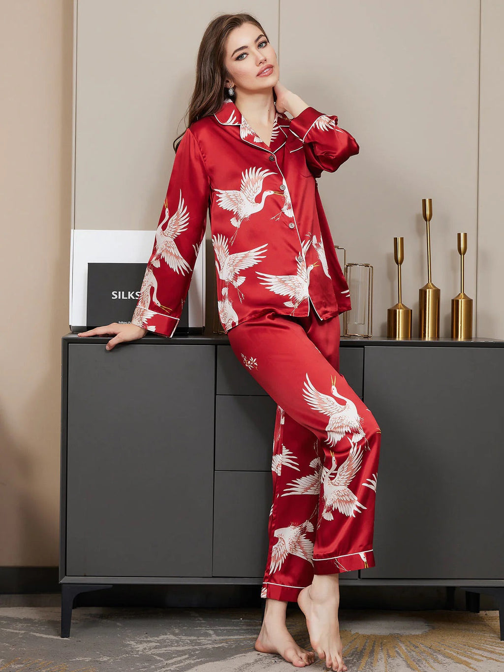 Dark Red Swan Pattern Printed Pure Silk Pajamas Set
