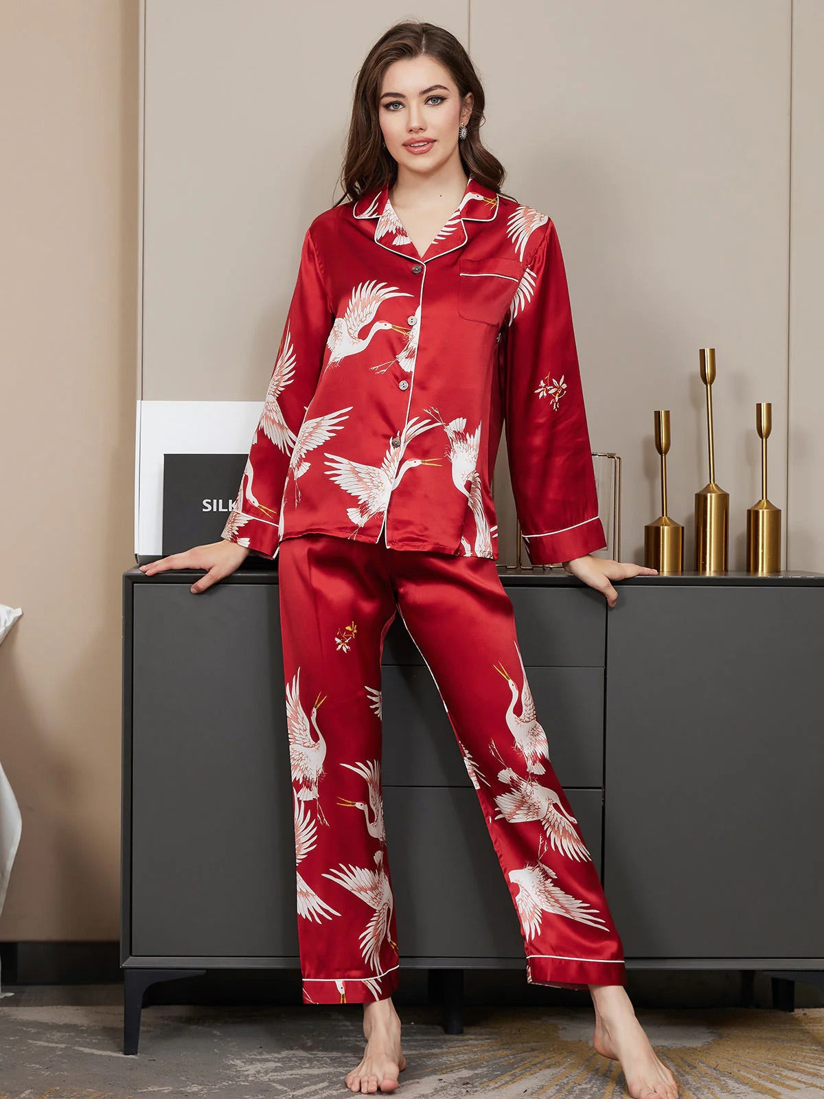 Dark Red Swan Pattern Printed Pure Silk Pajamas Set