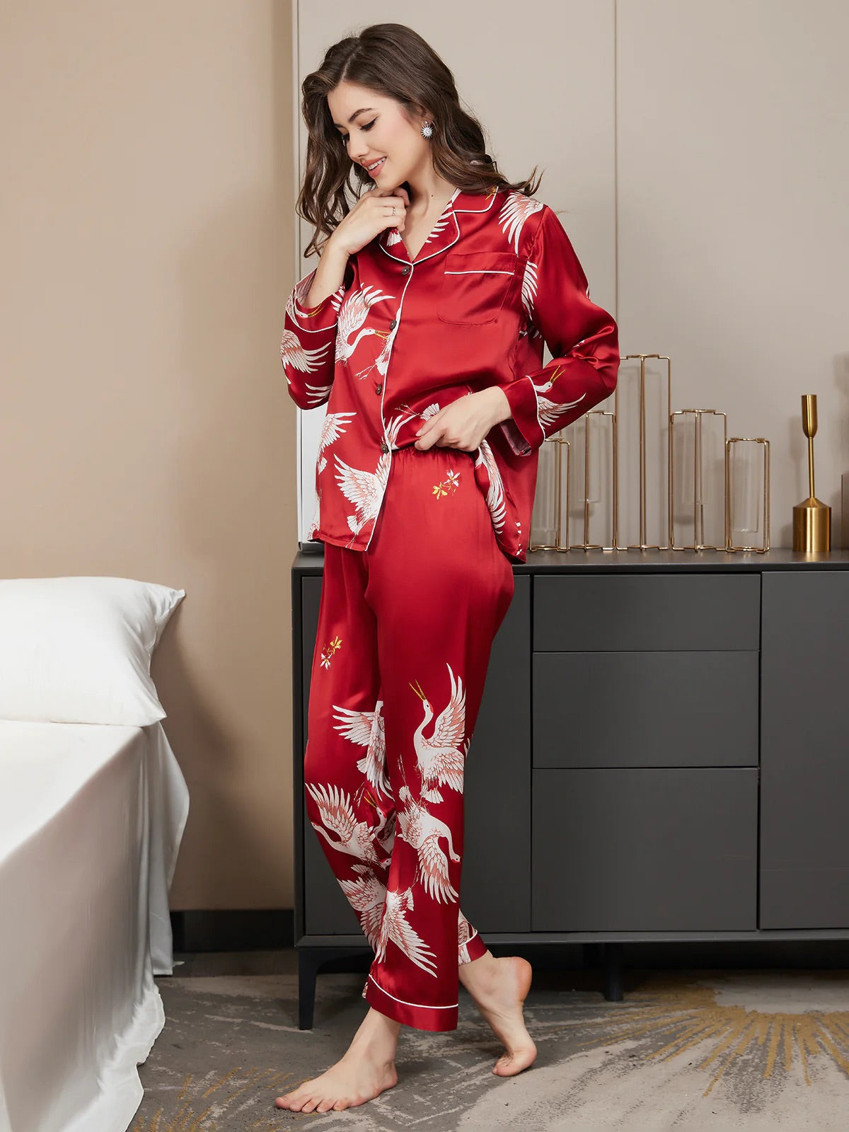 Dark Red Swan Pattern Printed Pure Silk Pajamas Set