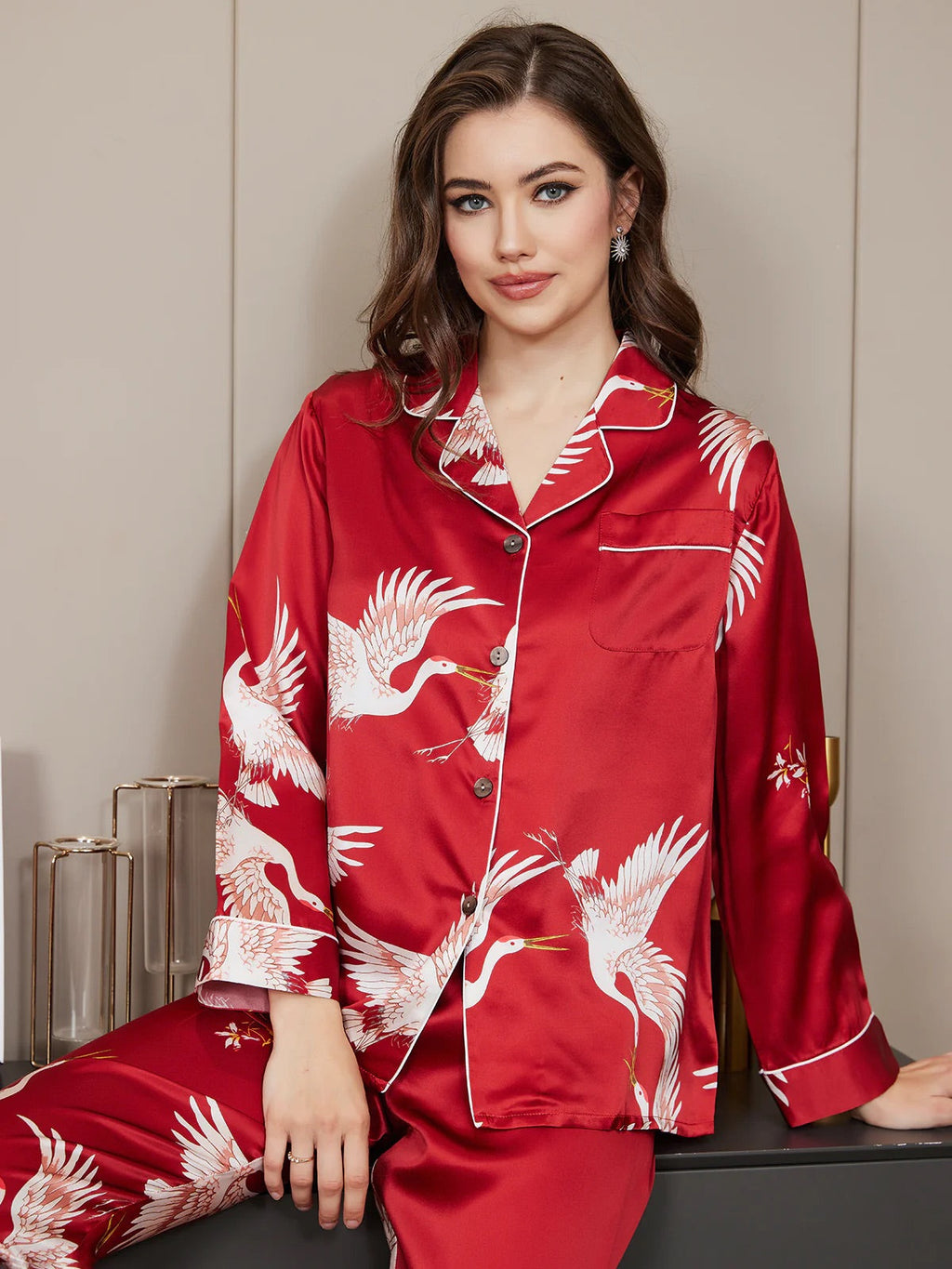 Dark Red Swan Pattern Printed Pure Silk Pajamas Set