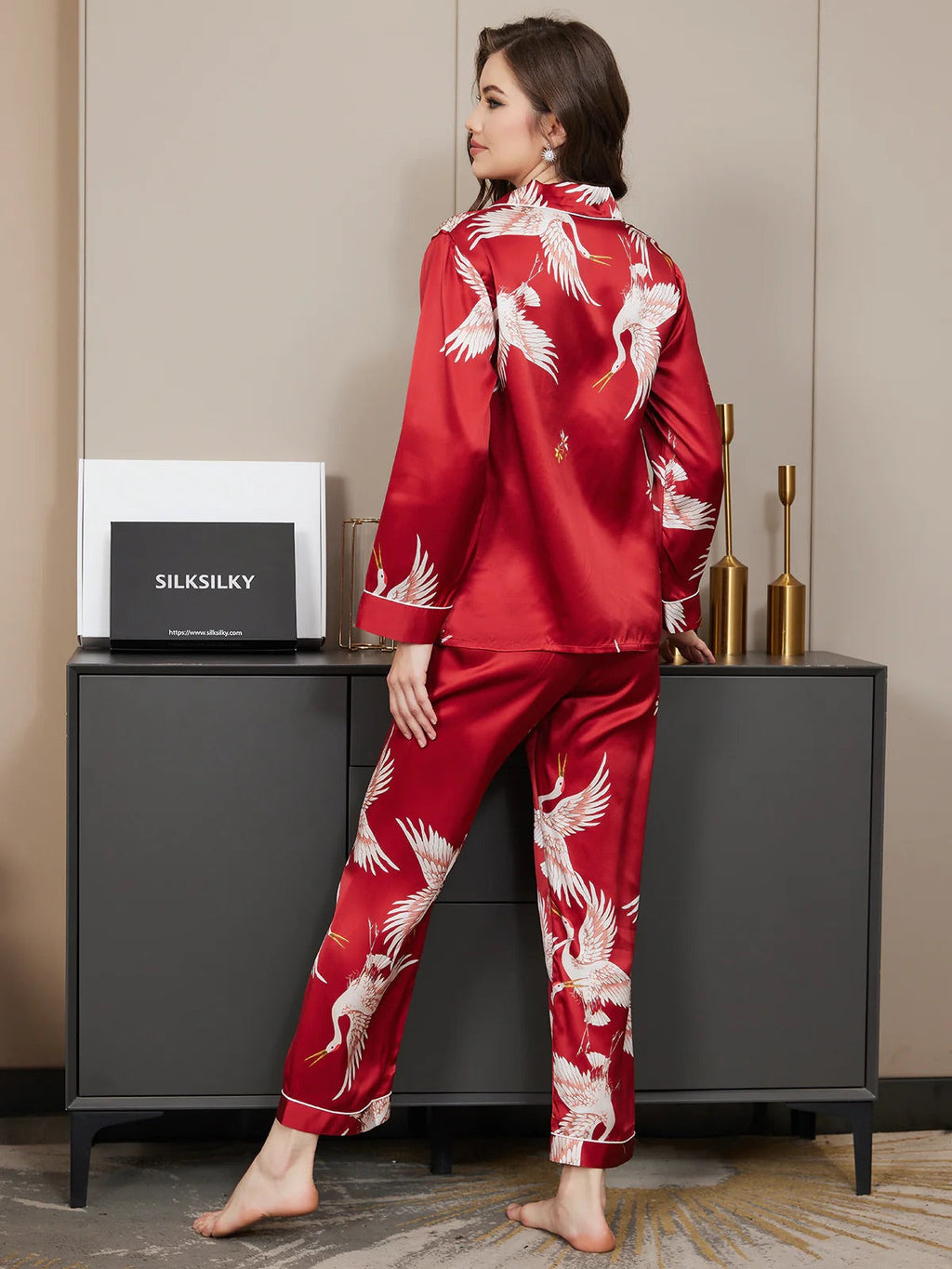 Dark Red Swan Pattern Printed Pure Silk Pajamas Set