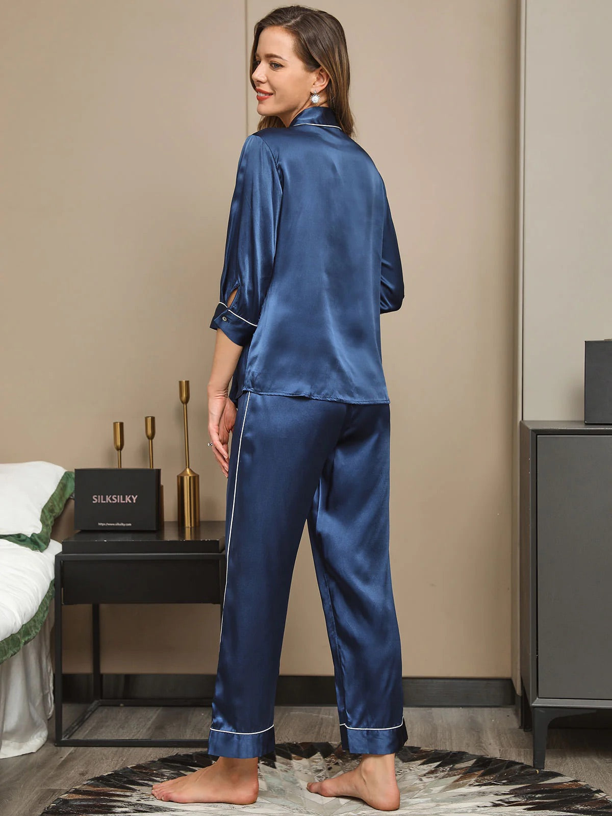 Dark Blue Embroidered Crane Pure Silk Pajamas Set
