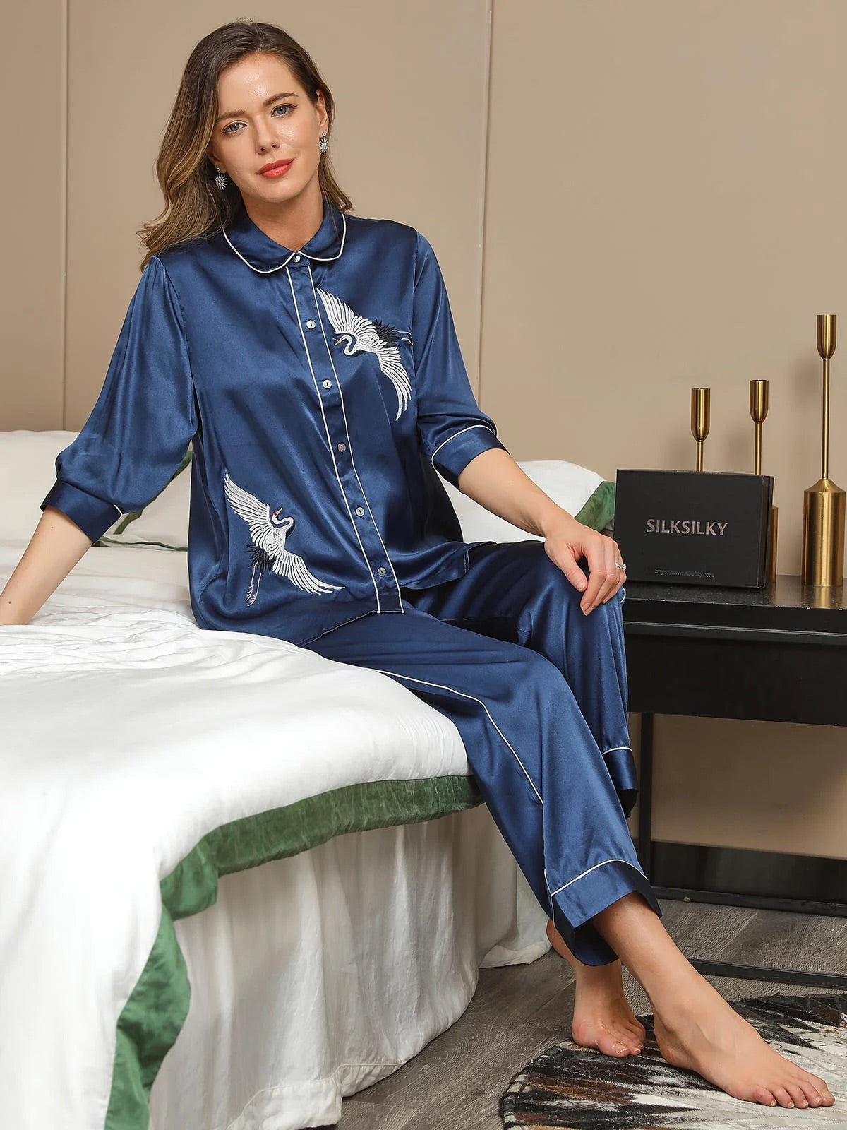 Dark Blue Embroidered Crane Pure Silk Pajamas Set