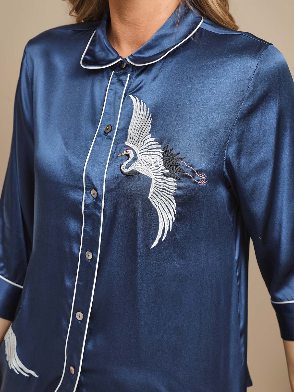 Dark Blue Embroidered Crane Pure Silk Pajamas Set