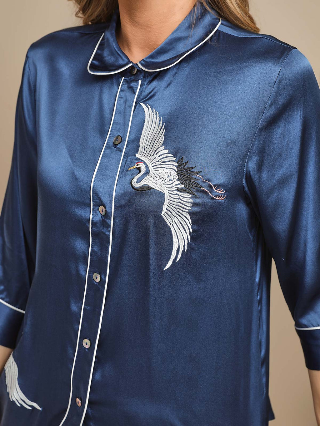 Dark Blue Embroidered Crane Pure Silk Pajamas Set