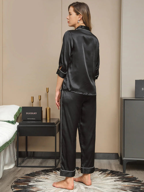 Black Embroidered Crane Pure Silk Pajamas Set